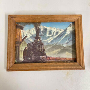 Cute Vintage Wood Framed Train Locomotive On Tracks Mountains Print Art - HLBN